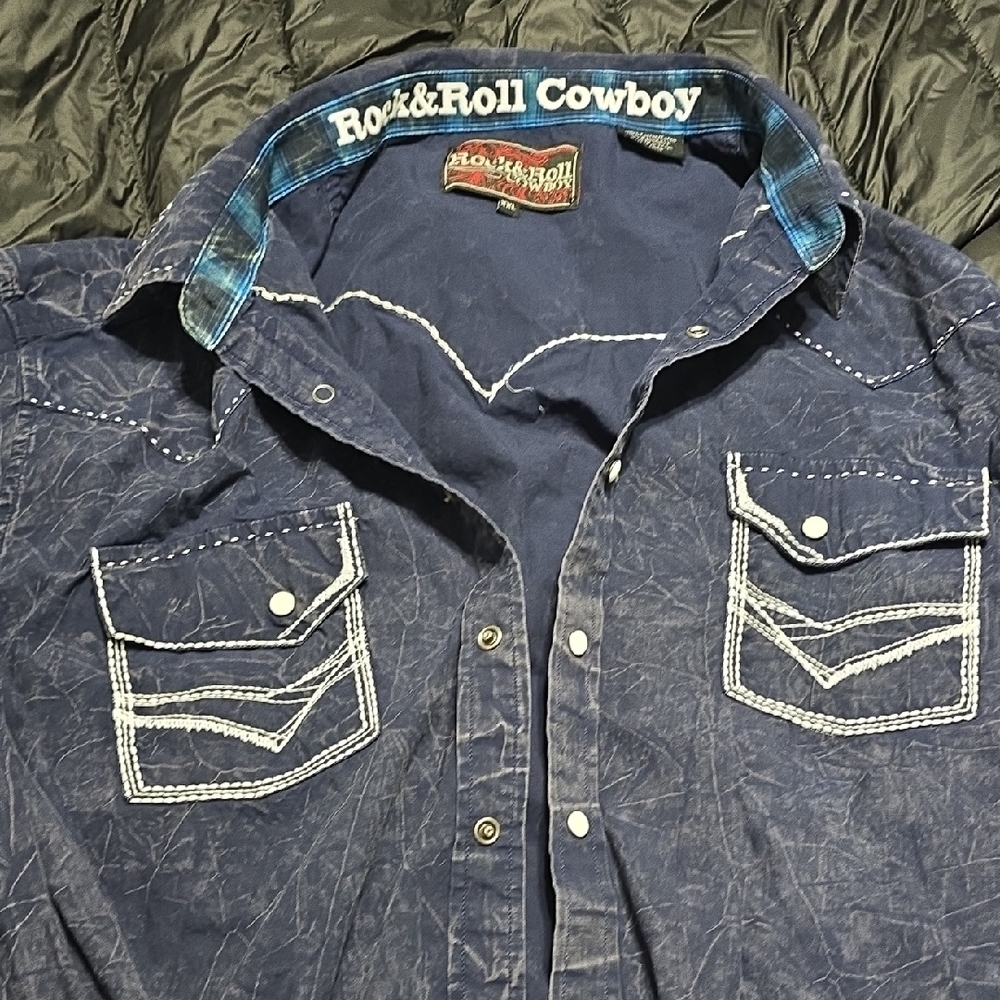 Men's Blue Shirt Rock And Roll Cowboy Button Down With White Pearl Snaps